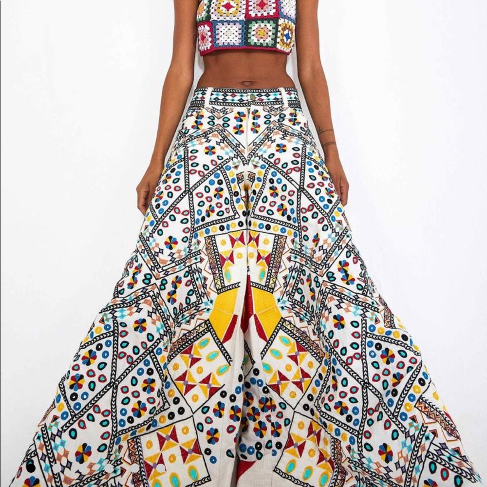 Anthropologie White Wide-Leg Geo Tile Print Pants
